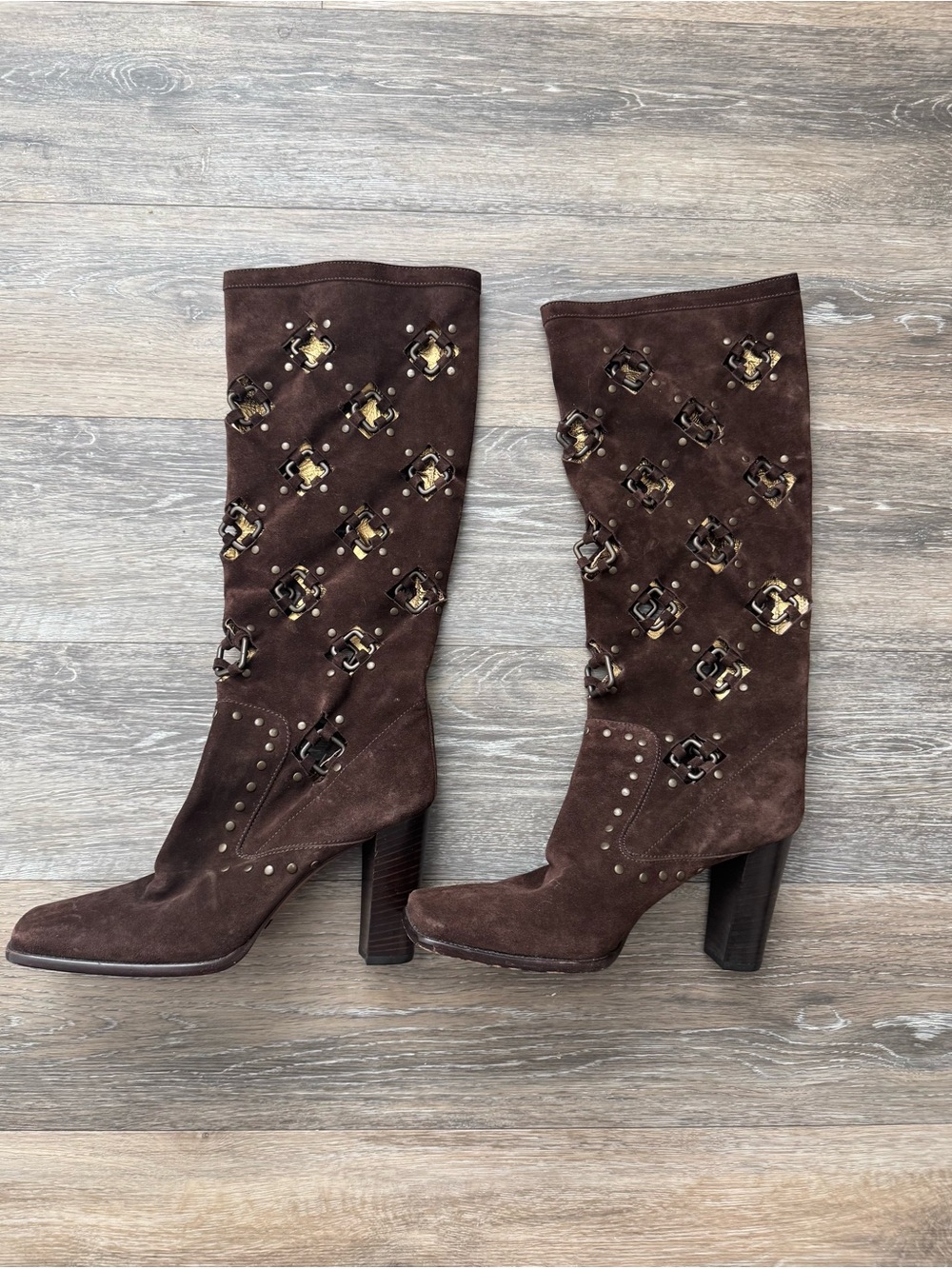 DOLCE AND GABBANA 2000S BROWN SUEDE STUDDED WESTERN BOOTS